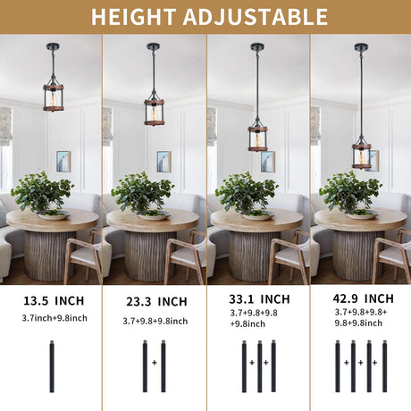 Ejerlya Farmhouse Pendant Light, Rustic Walnut Wood Metal Cage Hanging Light Fixtures with Glass, Adjustable for Flat and Slop Ceiling, Pendant Lighting for Kitchen Island Foyer Hallway,2-Pack Ejerlya