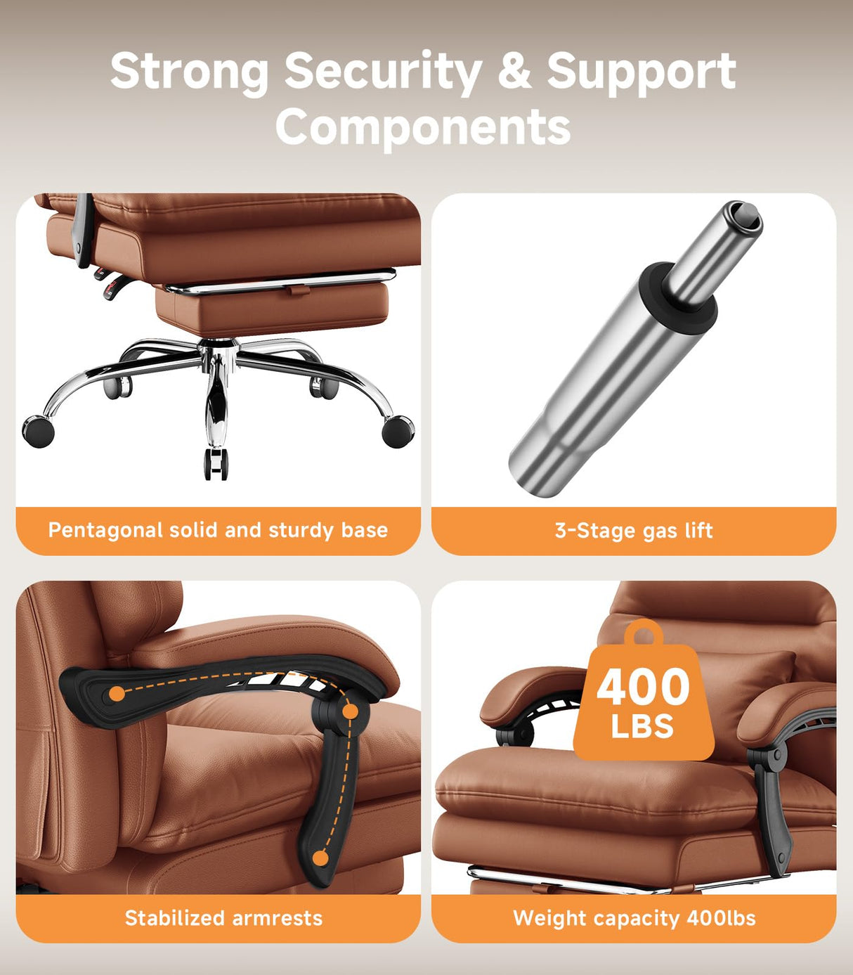 Ylzyxal Office Chair, Big and Tall Office Desk Chair, Ergonomic Office Chair, 400LBS PU Leather Computer Chairs, Executive Office Chair with Foot Rest and Lumbar Pillow (Bright Brown) Ylzyxal