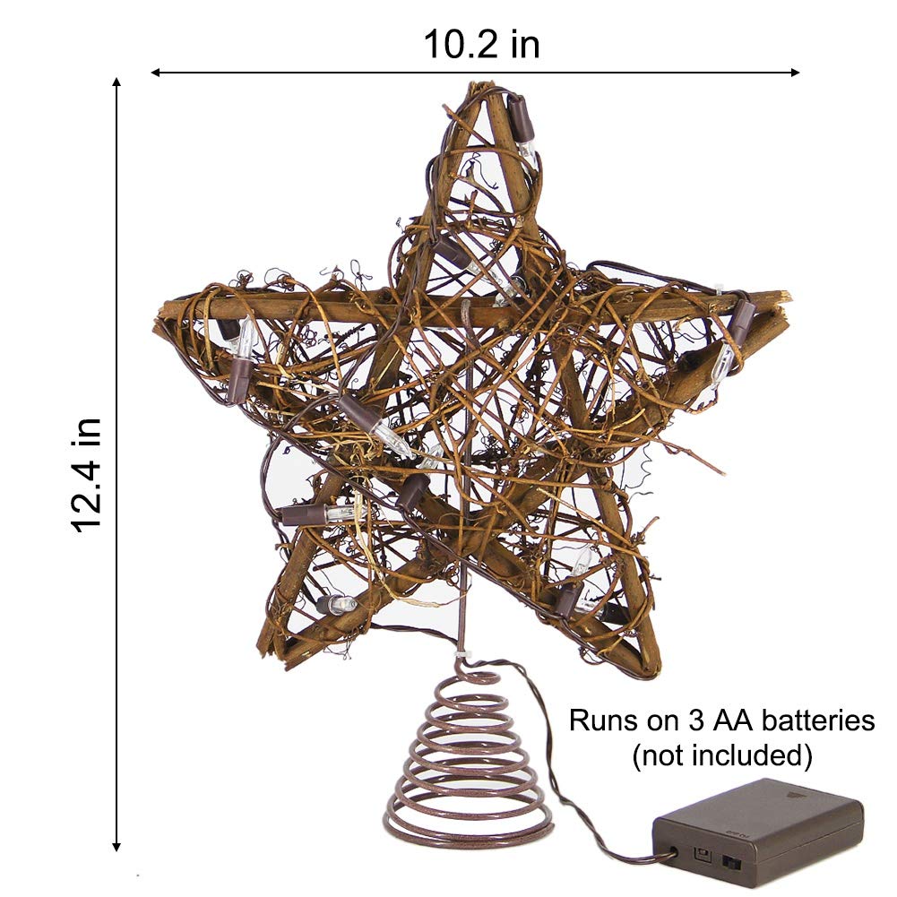 Twinkle Star Christmas Star Tree Topper, Rustic Rattan Treetop with 15 LED Lights Christmas Tree Holiday Xmas Party Decorations, 12.2 Inch (H)