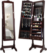 Giantex Jewelry Armoire Organizer with Full Length Mirror, 14 LEDs Floor Standing Jewelry Cabinet with 2 Drawers, 4 Adjustable Angles, Lockable Jewelry Storage Box Cabinet (Brown) Giantex