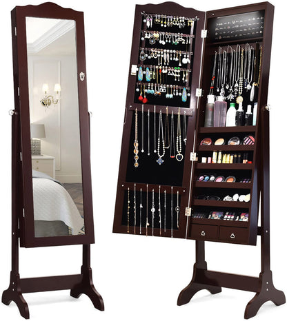 Giantex Jewelry Armoire Organizer with Full Length Mirror, 14 LEDs Floor Standing Jewelry Cabinet with 2 Drawers, 4 Adjustable Angles, Lockable Jewelry Storage Box Cabinet (Brown) - WoodArtSupply