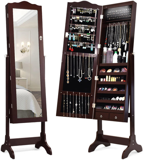 Giantex Jewelry Armoire Organizer with Full Length Mirror, 14 LEDs Floor Standing Jewelry Cabinet with 2 Drawers, 4 Adjustable Angles, Lockable Jewelry Storage Box Cabinet (Brown) Giantex