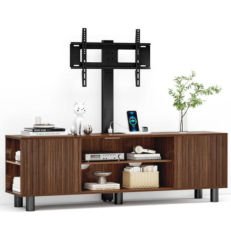 Lamtor TV-Stand with Mount and Power Outlet, Fluted TV Stand for 65 70 75 Inch TV, Entertainment Center with Storage, Media Console Table for Living Room, Walnut Lamtor