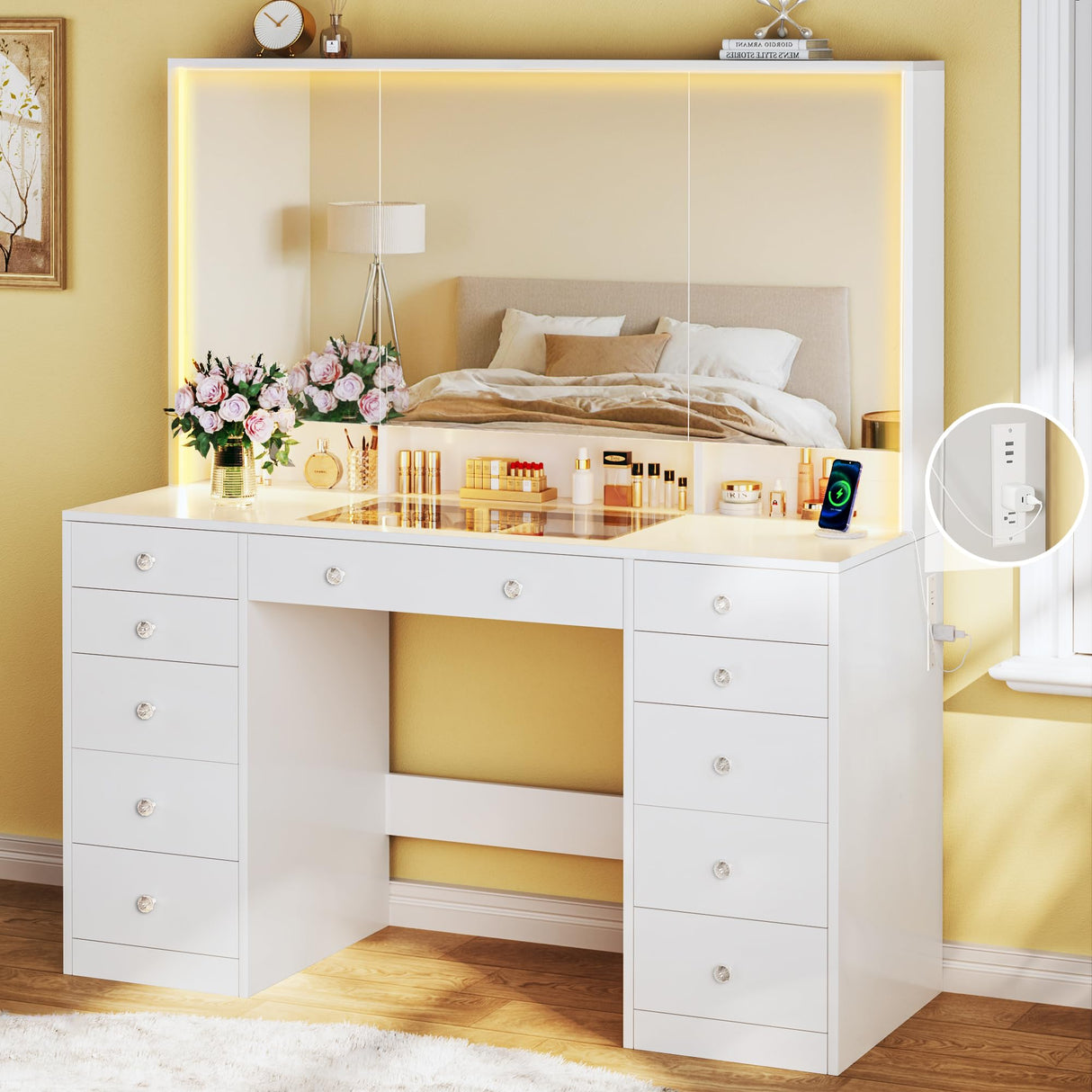 Vanity Desk with Mirror and Lights, 50" Makeup Vanity with Glass Top & Power Outlet, White Vanity with 11 Drawers & 8 Hidden Storage Shelves, 3 LED Lighting Modes Adjustable for Bedroom HUAHUU