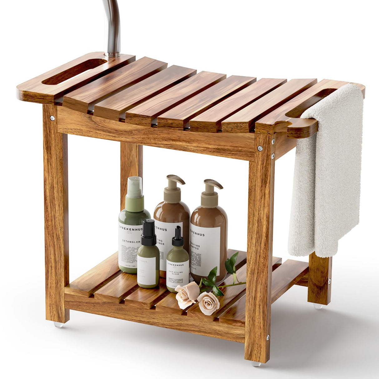 Boulphia Shower Benches for Inside Shower to Sit on, Acacia Wood Bathroom Bench with Storage, Waterproof Shower Seat for Inside Shower, with Handles & Shower Head Holder, No-Slip Boulphia