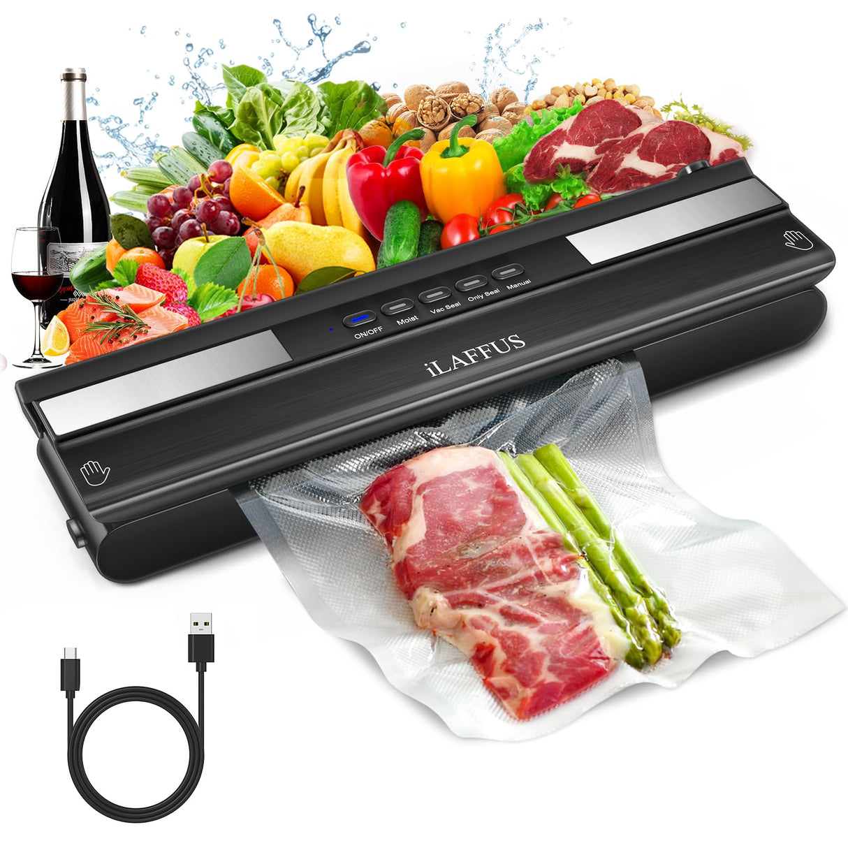iLAFFUS Cordless Vacuum Sealer Rechargeble Dry & Moist Modes Compact Design Powerful Multi-Functional Food Vacuum Sealer Machine with Cutter for Fruits Vegetables Meat Nuts iLAFFUS