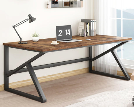 IBF 70 Inch Rustic Brown Desk, Industrial Large Metal Wood Double Computer Desk, Long Home Office Desks Table for 2 People Executive Work Writing Study Gaming, Farmhouse Big Two Person Desk in Bedroom IBF