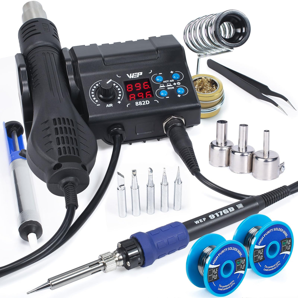 WEP 882D Soldering Iron Station 2-IN-1 SMD Hot Air Rework Station with 2 Spools of Solder Wire, 5 Soldering Tips, 3 Hot Air Nozzles, Brass Wool Tip Cleaner, Tweezers, Desoldering pump WEP