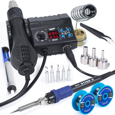 WEP 882D Soldering Iron Station 2-IN-1 SMD Hot Air Rework Station with 2 Spools of Solder Wire, 5 Soldering Tips, 3 Hot Air Nozzles, Brass Wool Tip Cleaner, Tweezers, Desoldering pump WEP