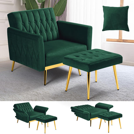 ACMEASE Velvet Accent Chair with Adjustable Armrests and Backrest, Button Tufted Lounge Chair, Single Recliner Armchair with Ottoman and Pillow for Living Room, Bedroom, Green ACMEASE