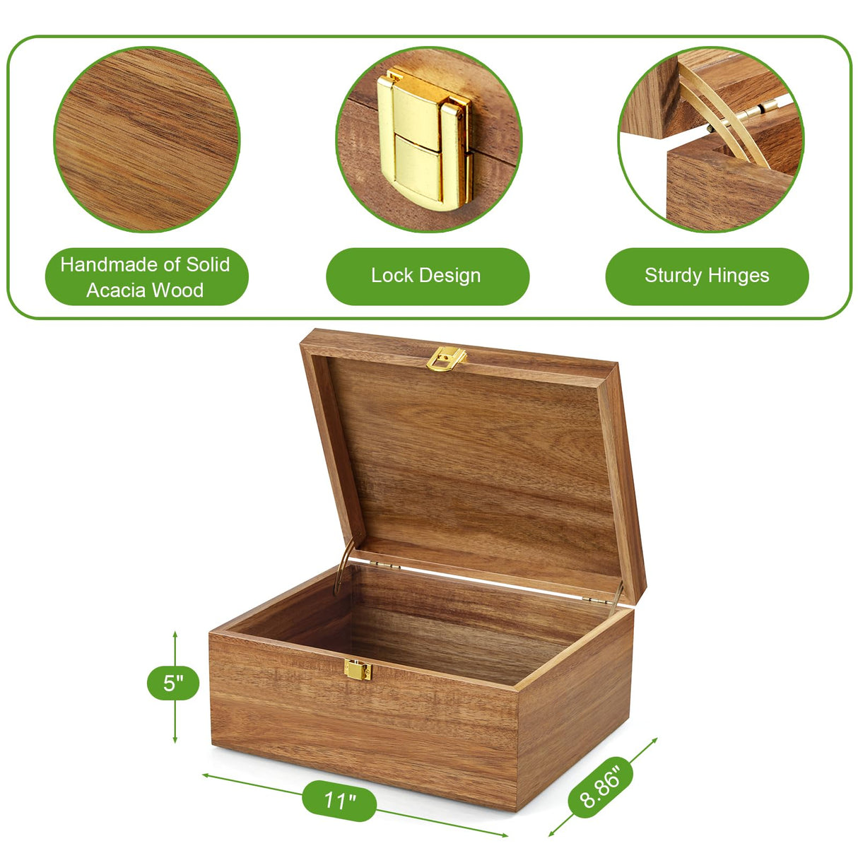 DRASTAR Keepsake Box, Wooden Box with Hinged Lid, Large Memory Box, Acacia Wooden Storage Box, Decorative Wooden Box with Lids, Treasure Box for Crafts, Photo Storage Box DRASTAR