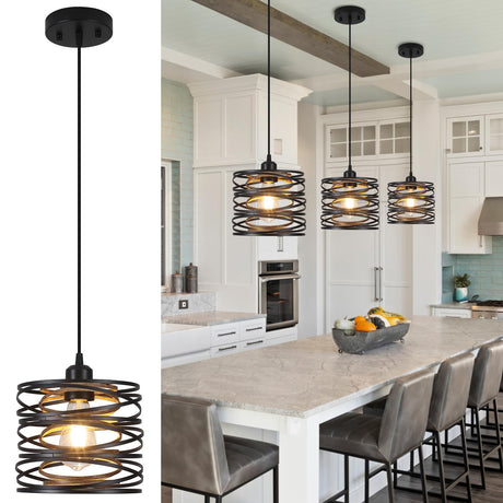 Ynzefly Pendant Light, Kitchen Island Hanging Light Fixtures Wood Farmhouse Metal Pendant Lighting for Dining Room Bedroom Bar Office, Industrial Black, 1 Pack Ynzefly