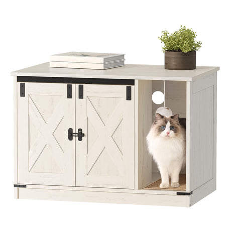 Hzuaneri Cat Litter Box Enclosure, Hidden Litter Box Cabinet Furniture with Bell, Indoor Cats House, Farmhouse Style, 31.5 x 19.7 x 20.9Inches, for Hallway, Bedroom, White CB82414B Hzuaneri