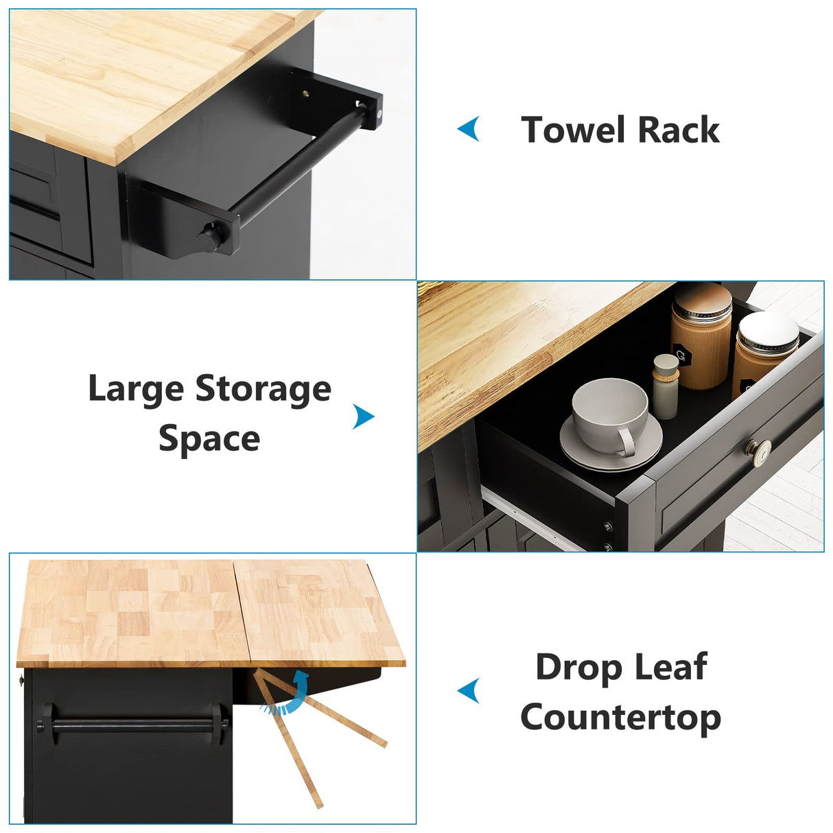 Rolling Kitchen Island with Drop Leaf – Movable Kitchen Carts on Wheels Island with Storage Cabinet, Island Table for Kitchen with Rubber Wood Top and Rack and Drawer, Matte, Black Gitua