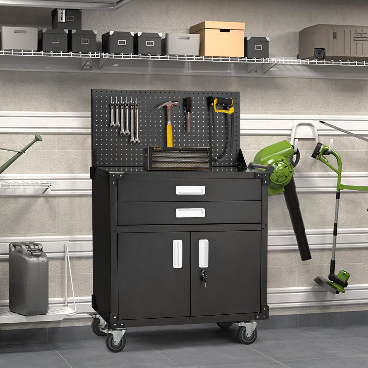 JFHID Work Bench for Garage with Pegboard Drawers and Cabinets Heavy Duty Metal Frame Tool Bench for Shop Kitchen Cabinets Organizer Work Table with Wheels (White Handle) JFHID