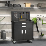 JFHID Work Bench for Garage with Pegboard Drawers and Cabinets Heavy Duty Metal Frame Tool Bench for Shop Kitchen Cabinets Organizer Work Table with Wheels (White Handle) JFHID