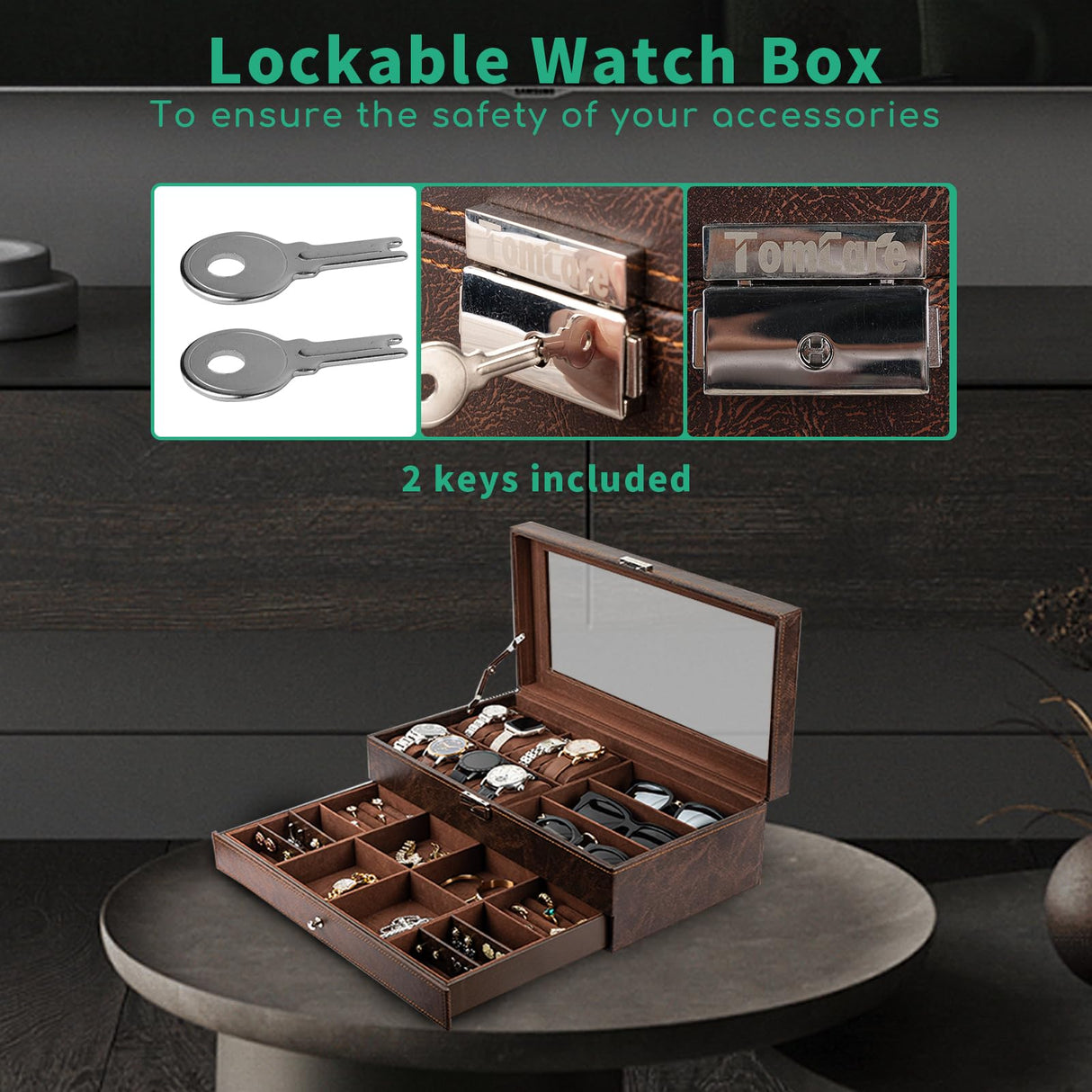 TomCare Watch Box 2-Tier Watch Case Jewelry Organizer Box with Thick Glass Lid Lockable Watch Organizer Jewelry Display Holder Sunglass Rings Necklaces Bracelets Storage Organizer for Men Women,Brown TomCare