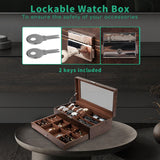 TomCare Watch Box 2-Tier Watch Case Jewelry Organizer Box with Thick Glass Lid Lockable Watch Organizer Jewelry Display Holder Sunglass Rings Necklaces Bracelets Storage Organizer for Men Women,Brown TomCare