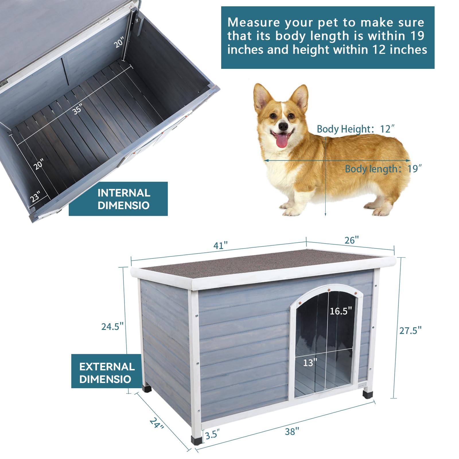 Petsfit Wooden Dog House,Outdoor Pet Kennel, Solid Wood, Weather Proof, Light Grey, Medium/40.8 X 26 X 27.6 Inch - WoodArtSupply