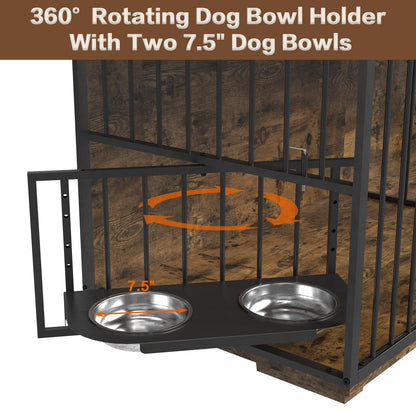 86.6" Large Double Dog Crate Furniture,Heavy Duty Metal Frame Wooden Dog Kennel with 360°Rotatable Dog Feeder Bowls and Drawers TV Stand Dog Crate for 2 Dogs Indoor Chew Proof,Rustic Brown