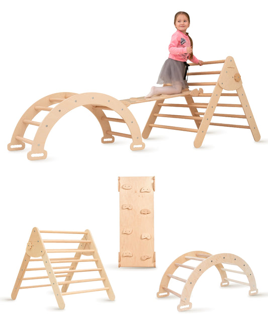 WoodandHearts Montessori Pikler Triangle Set, Baby Climbing-3 Piece Gym, Indoor Climbing Gym, Climbing Triangle Set for Toddlers, Climbing Toys for Toddlers in Natural Wood Color (3-8 Years)