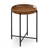 Small Wicker Round End Table, 16.5 in Rattan End Tables with Removable Tray, Waterproof Sofa Coffee Side Table, Indoor Outdoor Side Tables for Patio, Living Room Bedroom Office DINGTAI