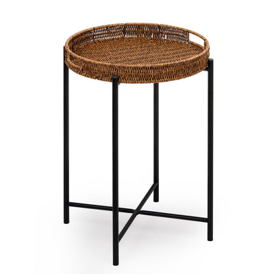 Small Wicker Round End Table, 16.5 in Rattan End Tables with Removable Tray, Waterproof Sofa Coffee Side Table, Indoor Outdoor Side Tables for Patio, Living Room Bedroom Office