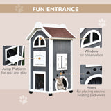 PawHut 43" H Wooden Cat House Outdoor with Hammock, Weatherproof 3-Floor Feral Cat Shelter with Escape Doors, Asphalt Roof, Inside Ladders, Gray PawHut