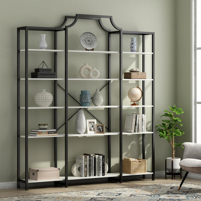 Auromie Triple Wide 5-Tier Bookshelf, 70.87" L x 79.13" H Extra Large Bookcase, Tall Open Etagere Display Shelf with Metal Frame, Freestanding Modern Storage Shelves for Home Office, Black&White