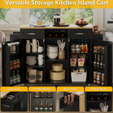 knoworld 51.5'' Rolling Kitchen Island with Storage Cabinet & Drawers, Drop Leaf Kitchen Cart on Wheels, Farmhouse Portable Mobile Islands, Large Butcher Block Table with Tower/Spice Rack, Black knoworld