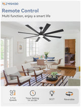 ZMISHIBO 72 inch Large Ceiling Fans with Lights and Remote, Indoor/Outdoor Black Modern Ceiling Fan for Kitchen Living Room Patio, 6 Speed Reversible Quiet DC Motor, 3 CCT, Dual Finish 8 Blades ZMISHIBO