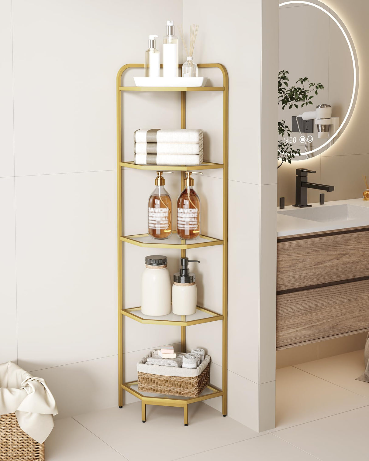 Hzuaneri Corner Shelf Stand, Glass Bookshelf Bookcase, Bathroom Organizer, Plant Stand, Steel Frame, Tempered Glass, Modern Style for Living Room, Bathroom, Kitchen, 5-Tier Golden CS90200G Hzuaneri