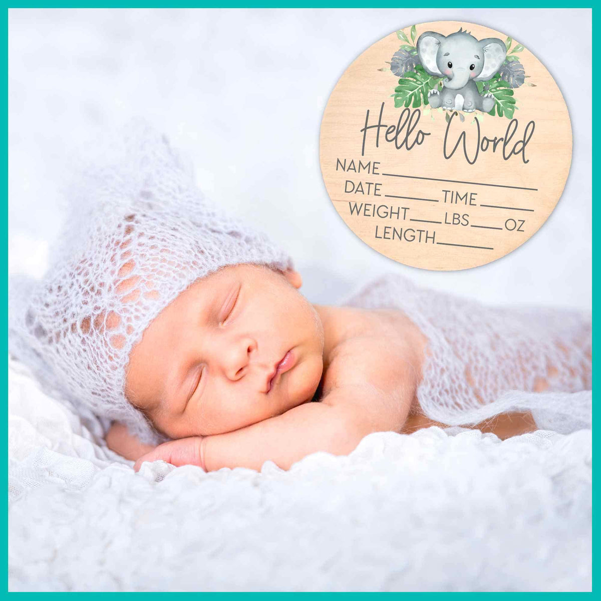 Birth Stat Sign for Newborn - Baby Name Announcement - Hello World Elephant Hospital Photography Prop - Jungle Safari Yippee Daisy