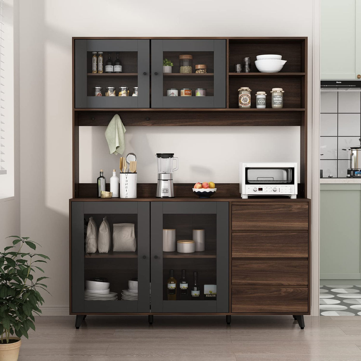 AGOTENI Large Kitchen Hutch Cabinet, Storage Cupboard Pantry with 4 Glass Doors, 4 Drawers & Microwave Shelf, for Kitchen Open Storage, Rustic Brown (63" W x 15.7" D x 74.8" H) AGOTENI