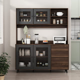 AGOTENI Large Kitchen Hutch Cabinet, Storage Cupboard Pantry with 4 Glass Doors, 4 Drawers & Microwave Shelf, for Kitchen Open Storage, Rustic Brown (63" W x 15.7" D x 74.8" H) AGOTENI