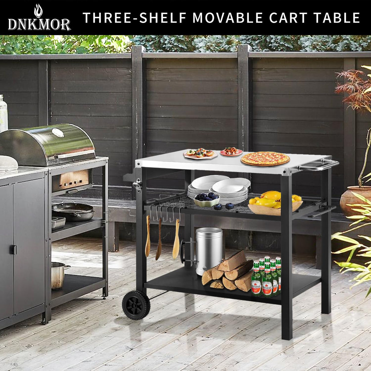 DNKMOR Dining Cart Table with Three Shelf, Movable Outdoor BBQ Grill Table Pizza Oven Stand with Three Hooks, Kitchen Cart Island Multifunctional Food Prep Table for Inside and Outside (Sliver) DNKMOR