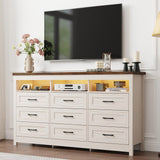 Hlivelood Farmhouse 9 Drawer Dresser with LED Lights, 63" Wide Large Chest of Drawers for Bedroom, Modern Wood Dresser Storage Organizer with Charging Station for Living Room, Bedroom, Hallway, Beige Hlivelood