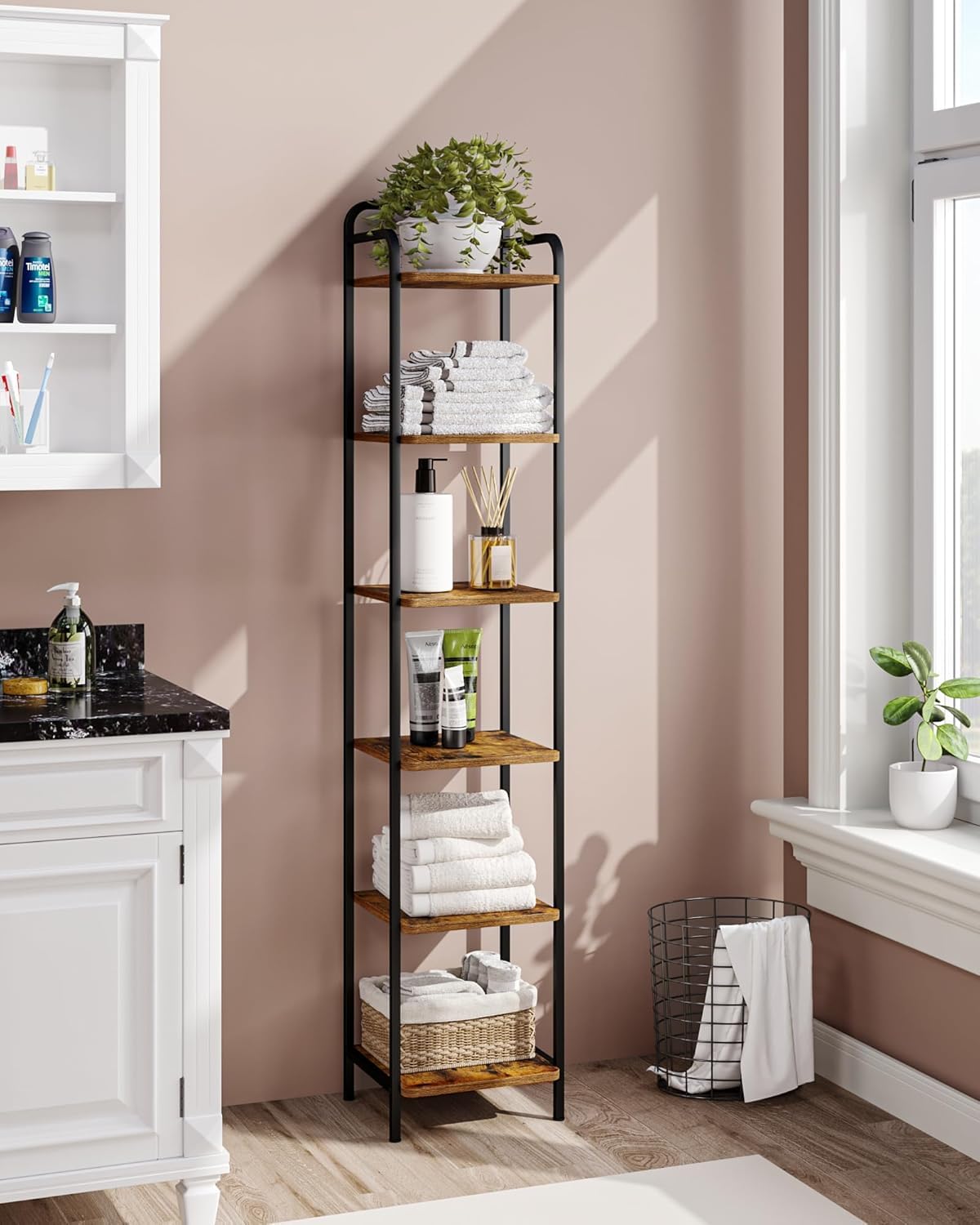 Hzuaneri Bookcase Bookshelf, Narrow Book Shelf, Industrial Corner Shelf Storage Organizer, Slim Shelving Unit for Home Office, Living Room, Bedroom, Kitchen, 6-Tier Rustic Brown and Black BC24601B Hzuaneri