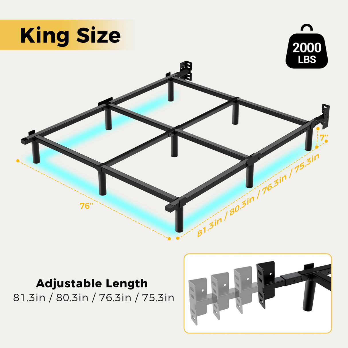 Awesofurni King Size Bed Frame with Smart LED Lights, 7 Inch Basics Metal Bed Frame, Heavy Duty 9-Leg Base for Box Spring and Mattress, Noise-Free, Easy Assembly, Black Awesofurni