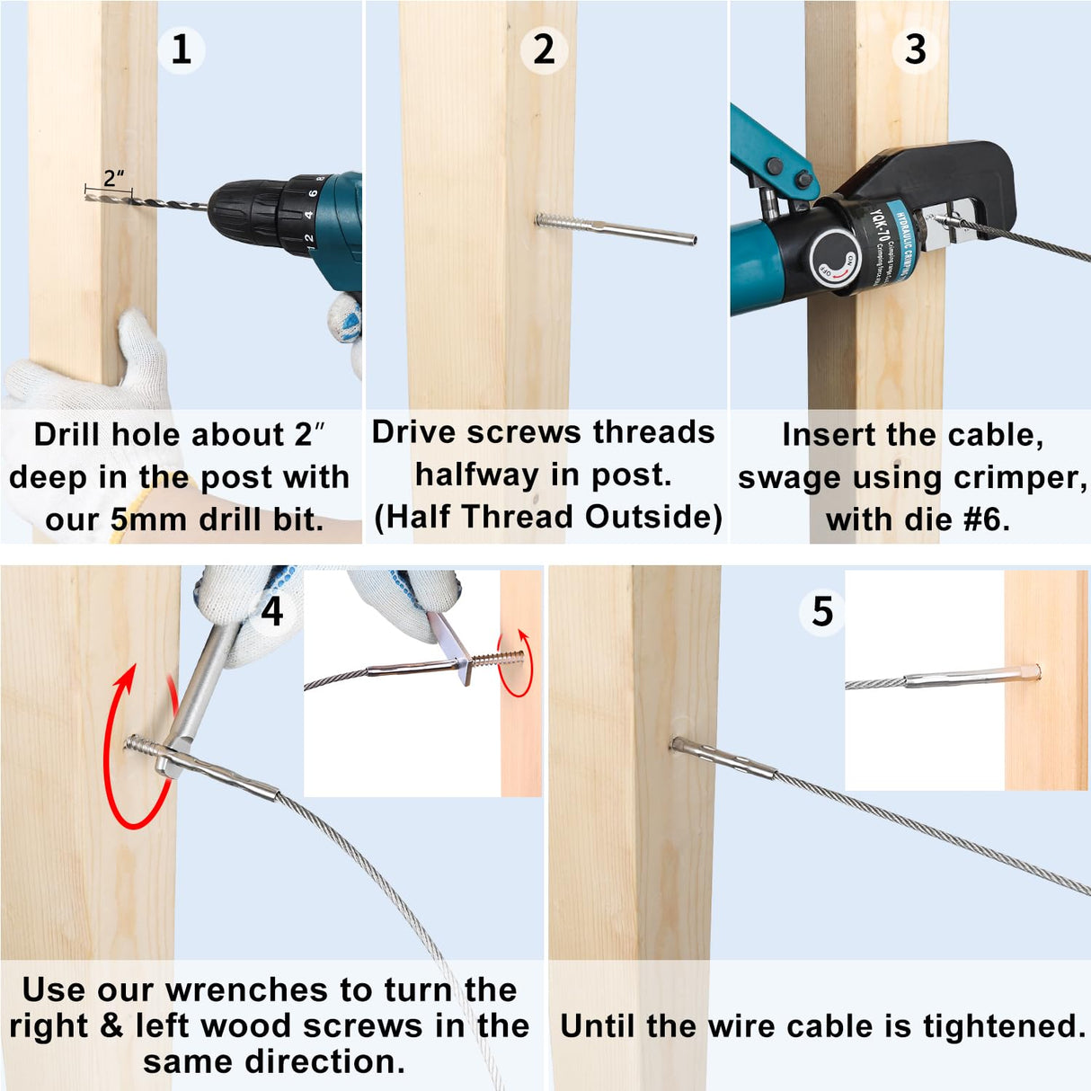 Steel DN Mate 70 Pack T316 Stainless Steel Right&Left Handed Thread Swage Lag Screws for Wood Post of 1/8" Steel Cable Railing Kit, Cable Railing Hardware, DIY Wood Baluster, Wrench Included DM35 Steel DN Mate
