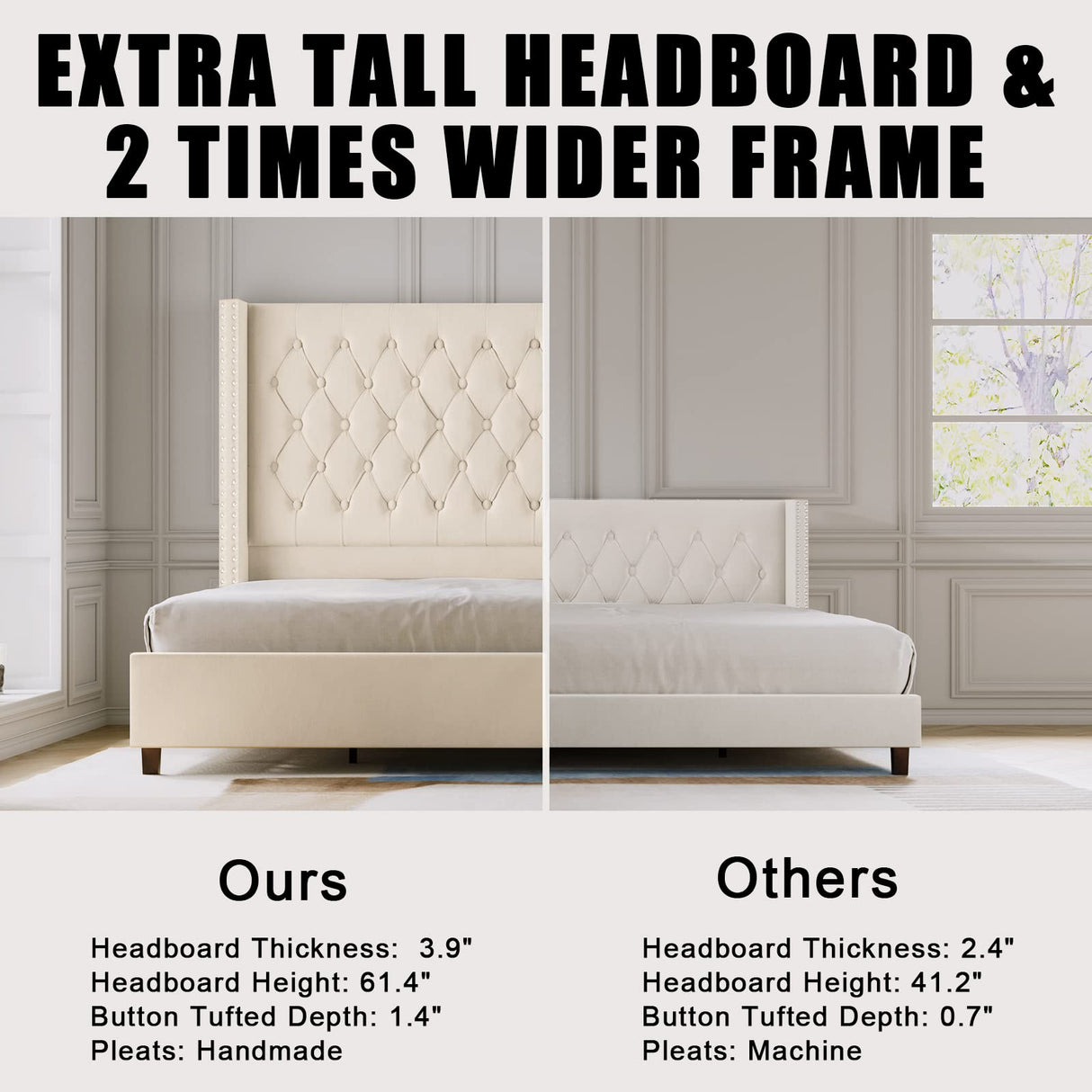 PaPaJet Queen Bed Frame 61.4" Tall Headboard Upholstered Velvet Platform Bed with Handmade Deep Button Tufted/No Box Spring Required/Cream PaPaJet