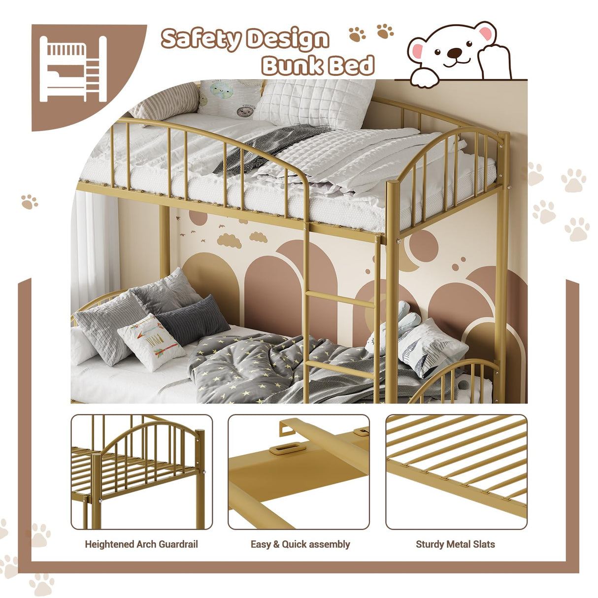 Garvee Bunk Bed Twin Over Twin with Ladder and Arched Guardrail, Heavy Duty Bunkbeds Frame with Sturdy Steel Slats Support for Kids Boys Girls, Space-Saving, No Box Spring Needed, Gold Garvee