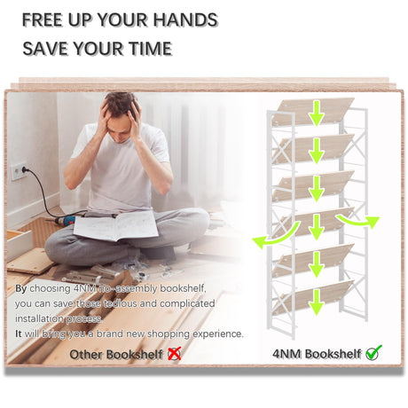4NM 6 Tiers No Assembly Book Shelves, 61.8" H Folding Bookshelf Bookcase Open Industrial Foldable Shelves for Bedroom, Living Room, Home Office - Natural White 4NM