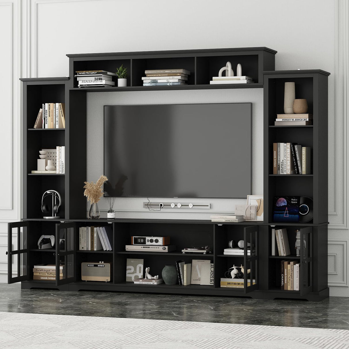 ROMSHINE Wall Unit Entertainment Center, TV Wall Units for Living Room with Storage, 102" W Large Farmhouse TV Stand with Glass Doors, Ajustable Bookshelf & Bridge for Bedroom, Black ROMSHINE