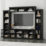 ROMSHINE Wall Unit Entertainment Center, TV Wall Units for Living Room with Storage, 102" W Large Farmhouse TV Stand with Glass Doors, Ajustable Bookshelf & Bridge for Bedroom, Black ROMSHINE