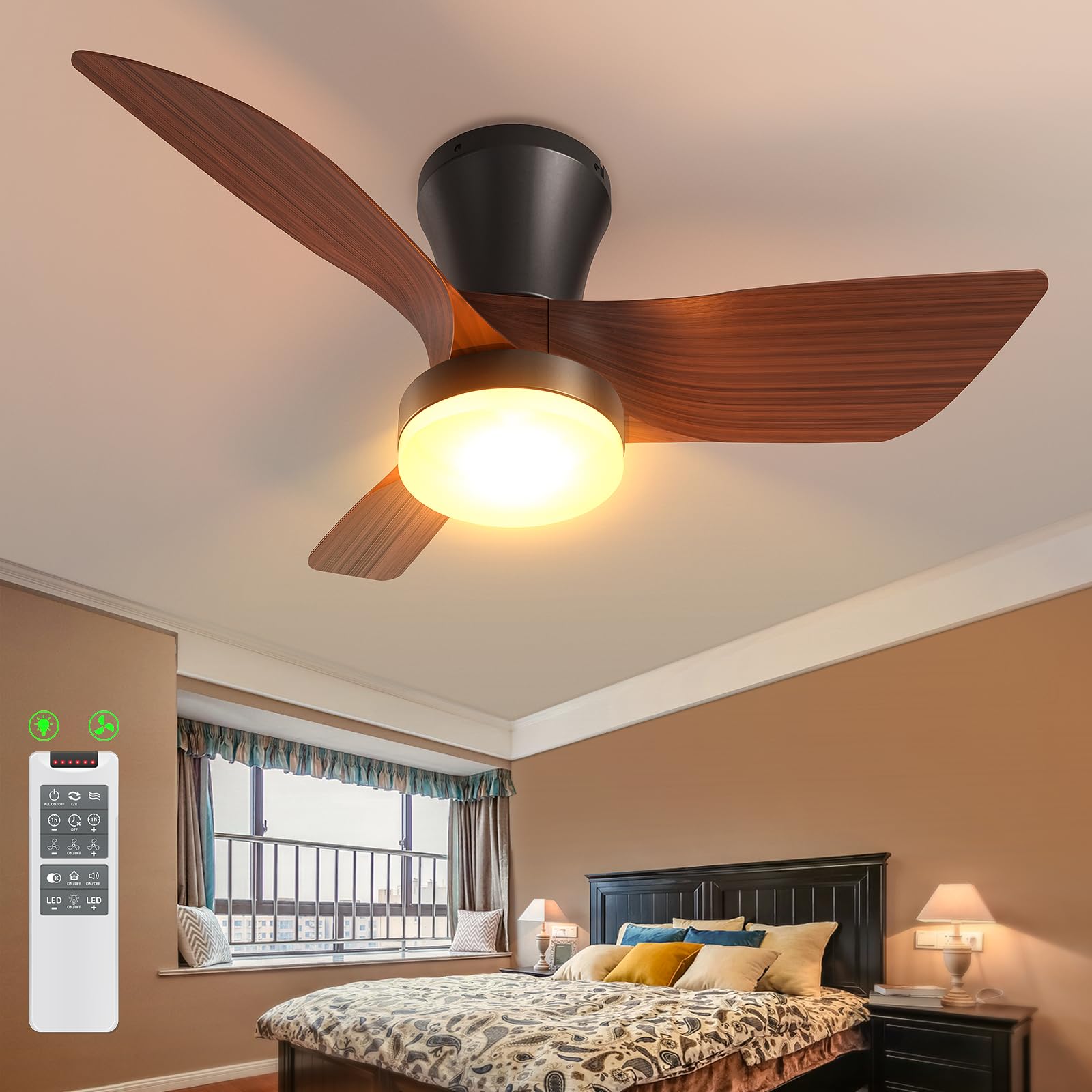 VOLISUN 30in Small Ceiling Fans with Lights, Flush Mount Ceiling Fan with Light and Remote, 3CCT Dimmable Low Profile Ceiling Fan with Light, LED Ceiling Fan with Light for Bedroom, Living Ro - WoodArtSupply