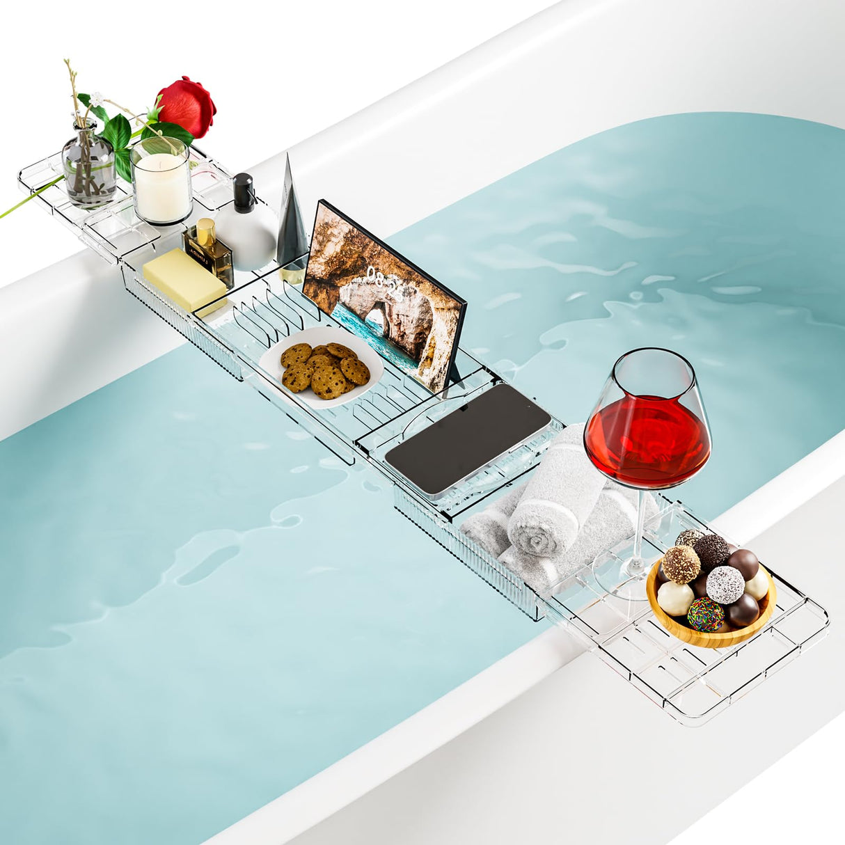 Yieach Iuxury Bathtub Trays For Tub,Expandable Bath Shelf Over Tub,Clear Bath Table,Bath Board,Bath Caddy Tray and Bath Tub Accessories for Women Relaxing With Bath Reading Book and Ipad Holder,1 Pack Yieach