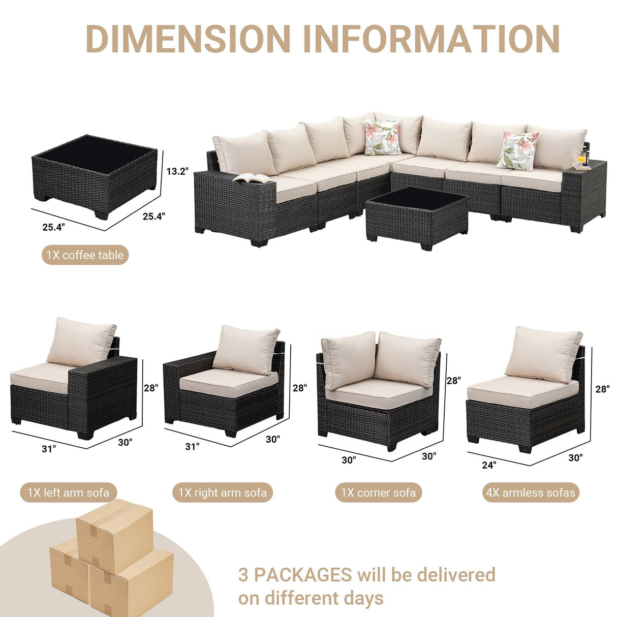 Jing's Villa 8-Piece Patio Furniture Set, All-Weather Outdoor Wicker Sectional Sofa with Cushions, Glass Table & Left and Right Armrest, Rattan Conversation Seating for Porch, Garden, Backyard,Beige Jing's Villa