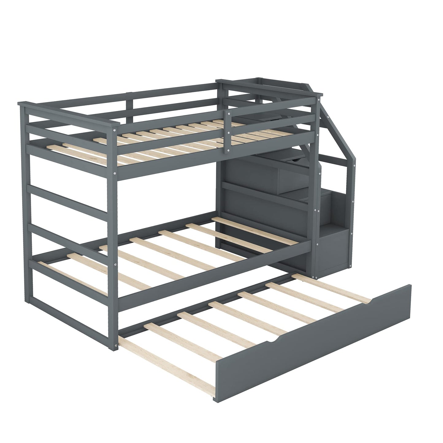 Twin-Over-Twin Bunk Bed with Trundle Bed, Wood Bunk Bed Frame with 3 Storage Stairs and Guard Rail, Space-Saving Design (Grey)