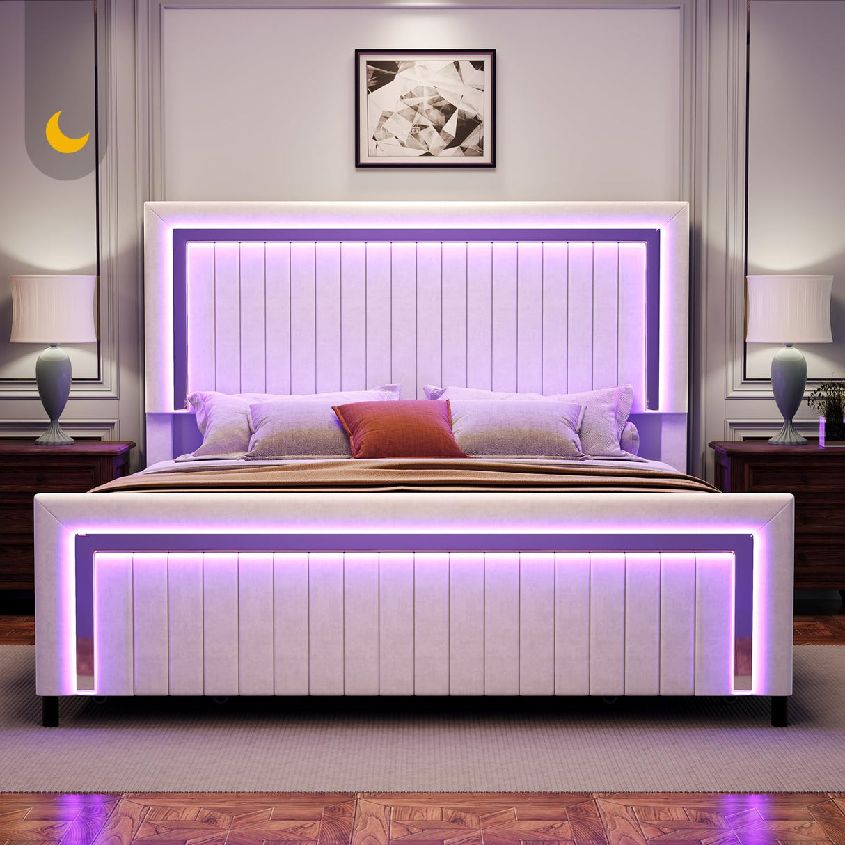 Jocisland Upholstered Platform King Size LED Bed Frame with 4 Storage Drawers, Adjustable Headboard, White Jocisland